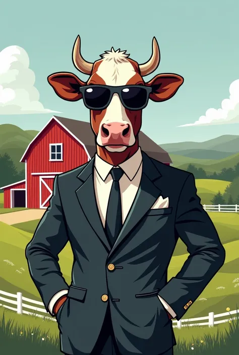 Make a image of a cool ass cow with sun glasses and a cool ass suit on with a barn and a farm behind him that is a icon for a farm to table diner 