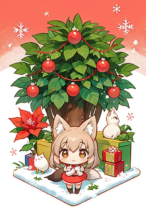    Sato Nakako style,    cuteデザイン  ,  The most beautiful girl ever 、cute,Chibi, (((Little foxes   )))、   christmas illustration， Christmas winter scenery  ，Christmas food  ，   poinsettias  、