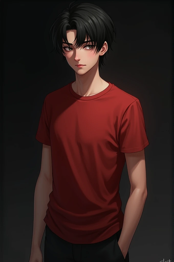 Teenage male 17s black hair black pants red t-shirt