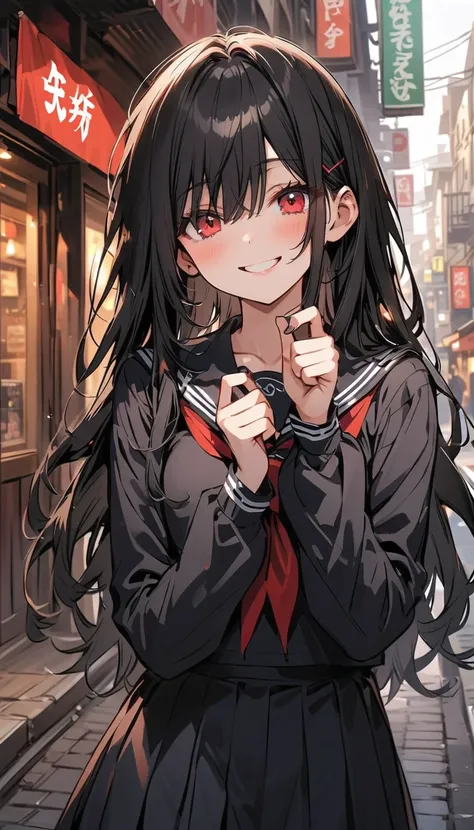 Beauty　Hair covering both eyes　 black hair　smile　 Embarrassing 　　  black sailor suits　Around town