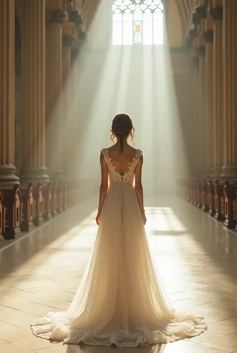 Church, woman, back view, wearing a white lace dress, light curtains, in the middle of a large hall, photo, portrait, super resolution, realism,