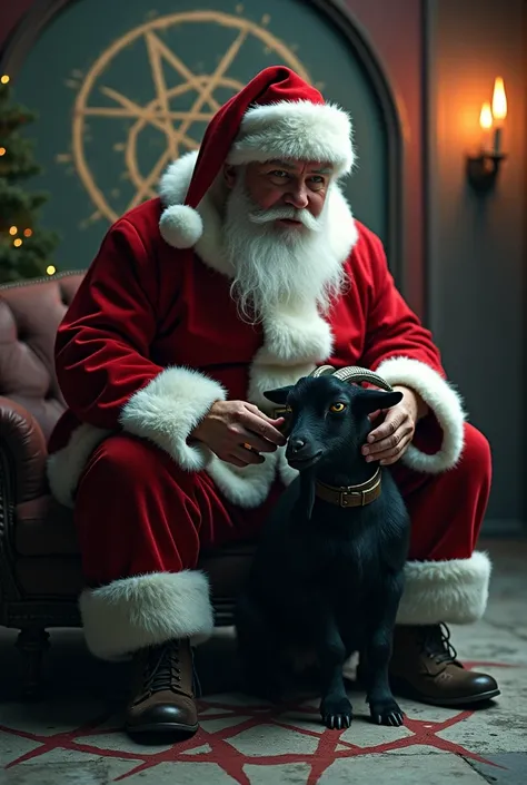 Santa Claus with a pentagram Satan anti-Christian ,  kind and sweet Satanist Santa strokes a cute black goats head