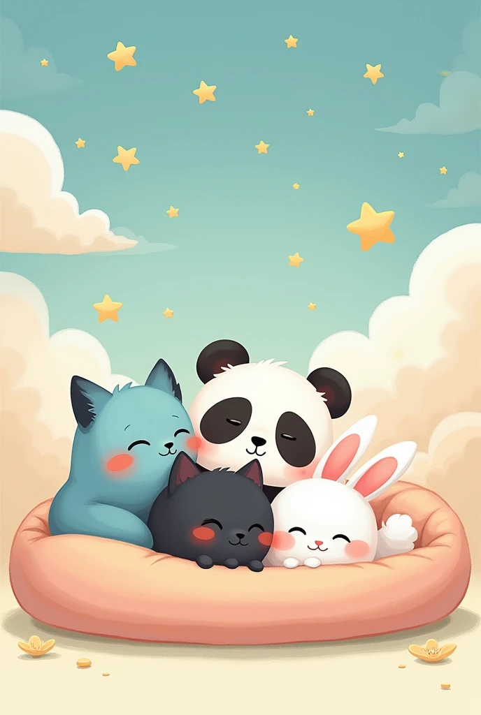 An image to use as a profile picture. In the picture there are 4 animals, a blue fox, a panda, a black cat and a white rabbit. Soft, fresh colors, 4 animals lying in a mattress. Simple, cartoon drawings. Behind them is a colorful sky.