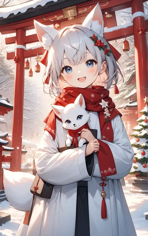   masterpiece :1.2， top quality，    high definition   ，8ｋ，Inari Shrine，  white baby fox ，   little character with a red bandana around his neck  、cute, Priest,    Details， professional photo shoot， happy expression， Christmas Winter Scenery ，