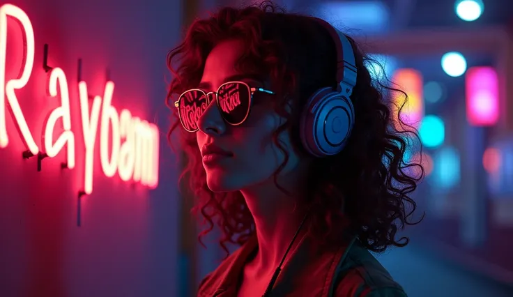 Brown hair . beautiful woman with curly hair Volume and sunglasses in headphones - earphone surrounding dark room neon cyberpunk at night coordinator neon glow,In the room the sign glows and shimmers in neon light"Deviant Art"Anime style,Beautiful colors,L...