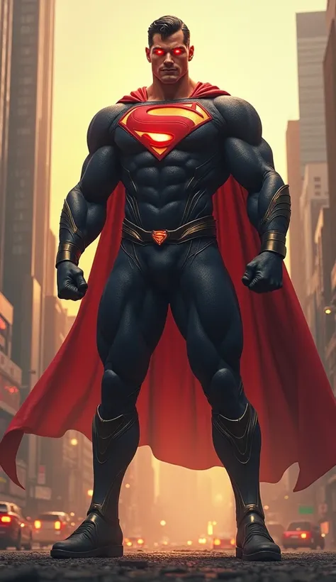 Create an image that Super Man fusion with Black Adam into 1 body, look realistic, super cool, epic, strong, red eyes, city background