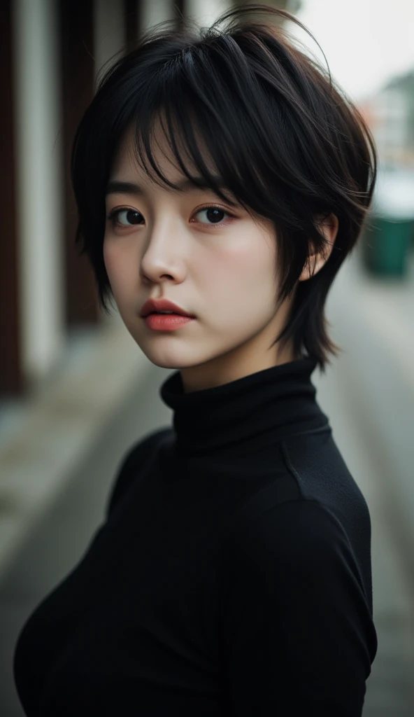 1girl, solo, looking at viewer, short hair, shirt, black hair, upper body, outdoors, parted lips, blurry, black eyes, lips, black shirt, blurry background, turtleneck, messy hair, portrait, realistic