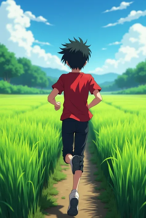 Anime Teen guy 17s black hair black pants red t-shirt running in rice field