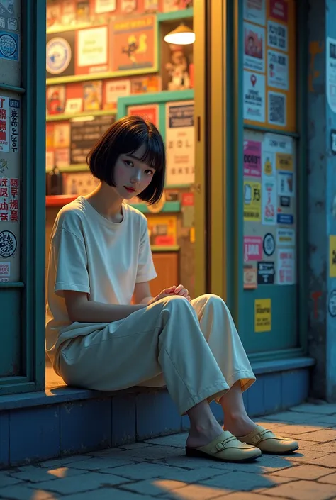 Generate an image of a young Asian woman with short black hair, wearing a white t-shirt and cream-colored loose-fitting pants, sitting on steps in front of a shop. The shops walls are covered with colorful stickers and graffiti art, creating a vibrant and ...