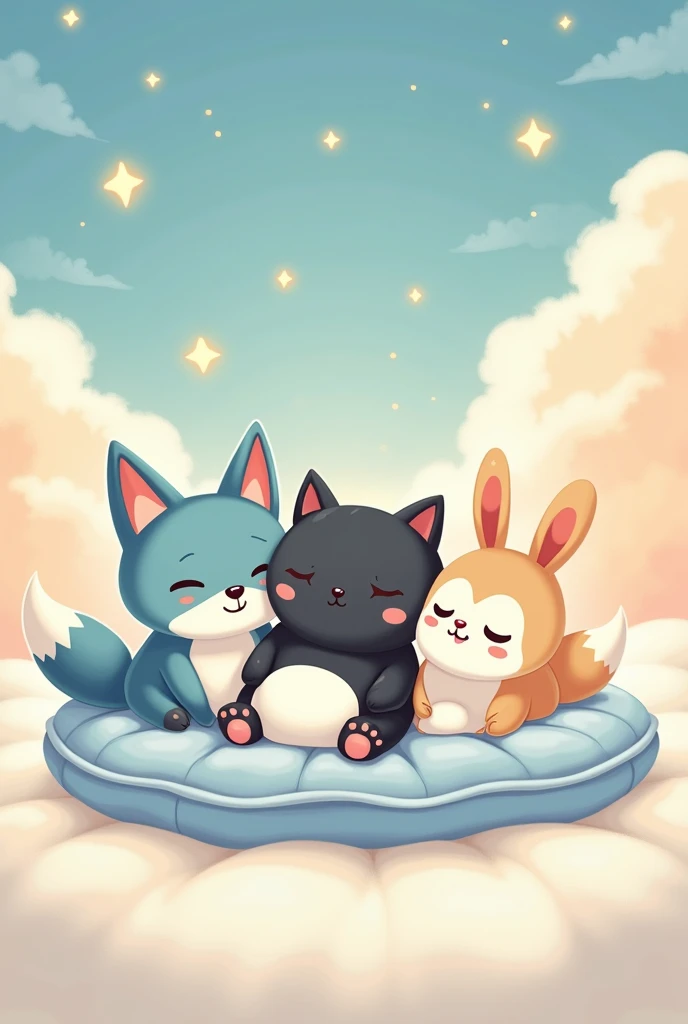 An image to use as a profile picture. In the picture there are 4 animals, a blue fox, a panda, a black cat and a white rabbit. Soft, fresh colors, 4 animals lying in a mattress. Simple, cartoon drawings. Behind them is a colorful sky.