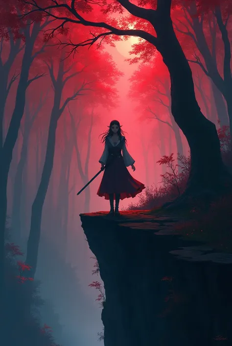 Create an anime image of a 175 cm tall half-elf girl dressed as a traveler, without visible weapons, but radiating an aura of mysticism hinting at her abilities as a magician. The girl must stand on the edge of a cliff, with her back to a dense blood-red f...