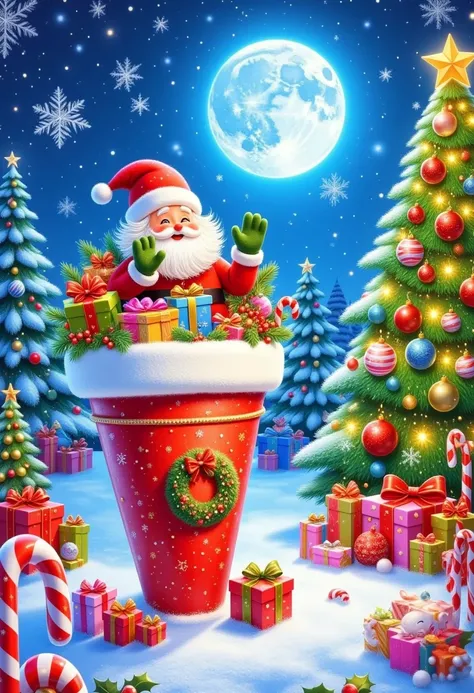 Santa in the cone,,   The image shows a festive, fantasy scene   ,    Santa sits on the edge of the cone   .  Decorated with leaves made from acacia berries and leaves and Christmas wreaths   .    Green gloves   ,    evokes the colors of holiday traditions...