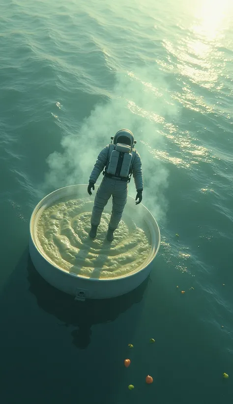 An astronaut is flying over the ocean, but that ocean is a pot of soup