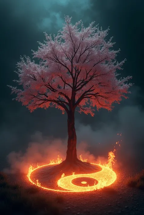 Darkness with a cherry tree in the middle ,  flames around with yin yang on the floor shining 