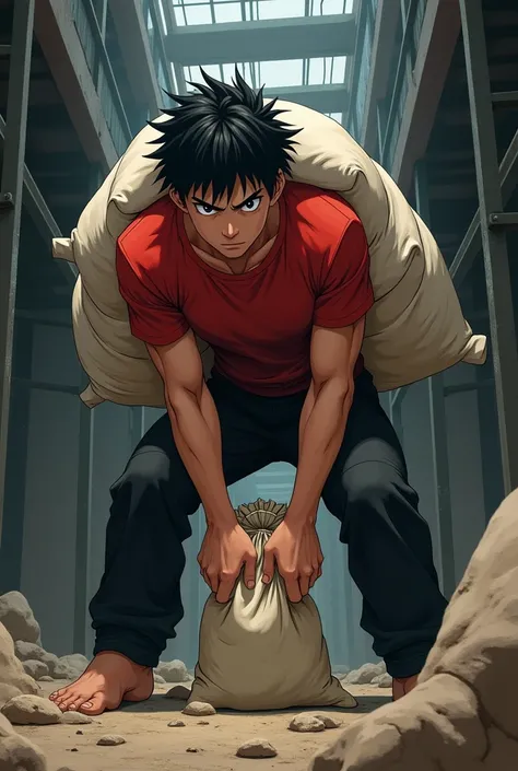 Anime Teenage guy 17s black hair black pants red t-shirt lifting sandbag