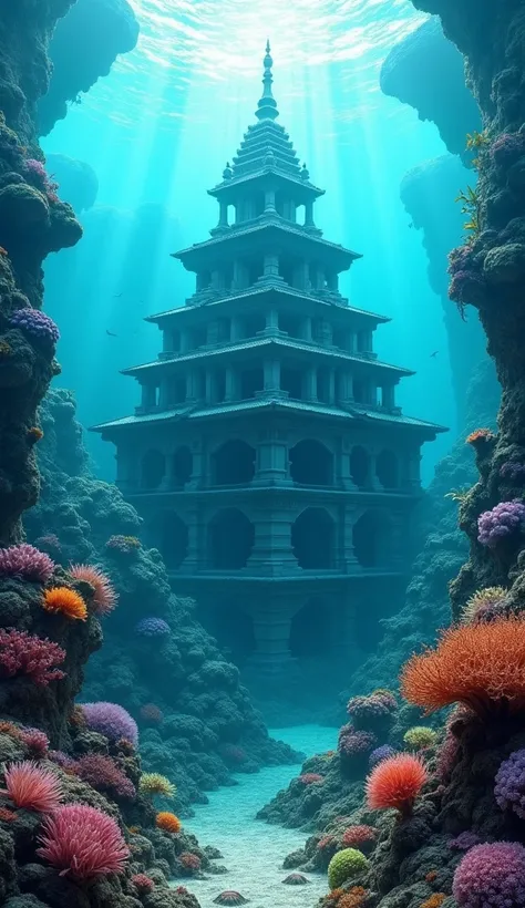 A fantastical underwater scene featuring a multi-tiered structure resembling a palace or temple. The structure is surrounded by vibrant coral formations and marine flora, with light filtering through the water to create an ethereal atmosphere.