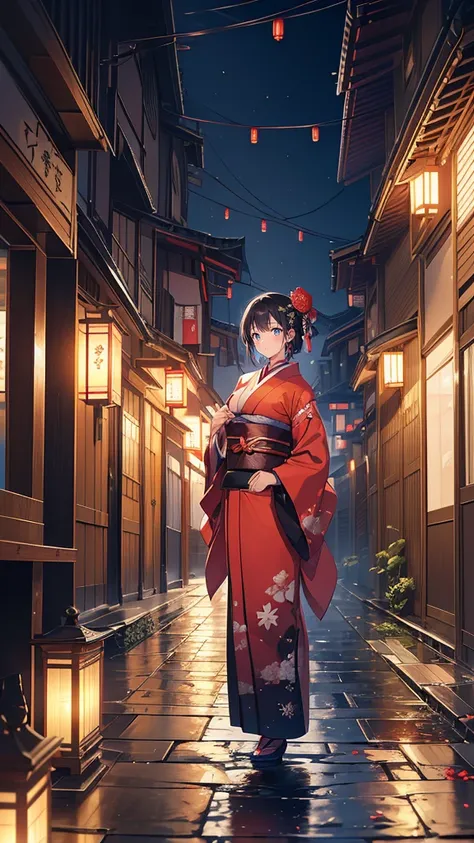 A luxurious street in Kagurazaka lined with traditional high-class restaurants (ryotei) during the Taisho era. The scene is elegant and refined, with large wooden gates, Japanese lanterns, and willow trees swaying in the evening breeze. Geishas in beautifu...