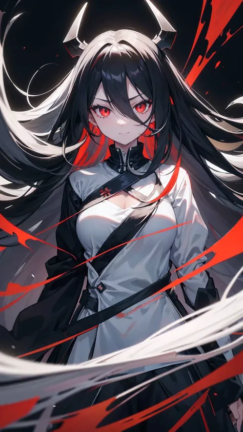 long hair, black and white hair, curtained hair, half and half hair, red eyes, upturned eyes, parted bangs, straight hair, evil smile, closed mouth, expressionless, anime, UHD, accurate, masterpiece, textured skin, scythe weapon in hand, super detail, high...