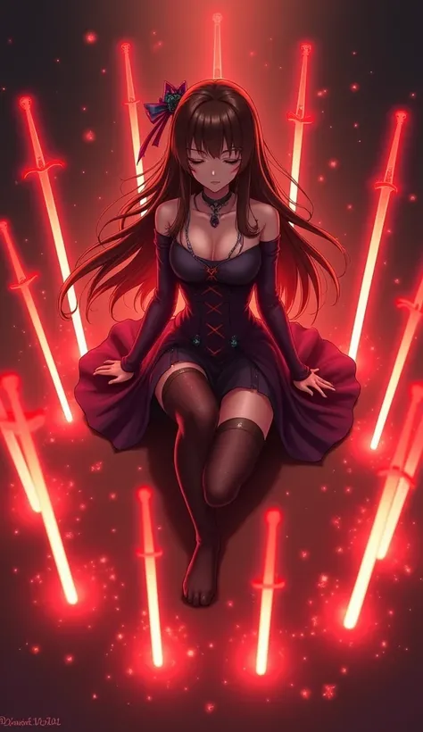 score_9, score_8_up, score_7_up, upscale 2x, (anime style, a beautiful female sorcerer, long brown hair, she is summoning multiple red glowing swords around her, the swords are floating in the air, she is sittin on her knees, she is wearing black stockings...