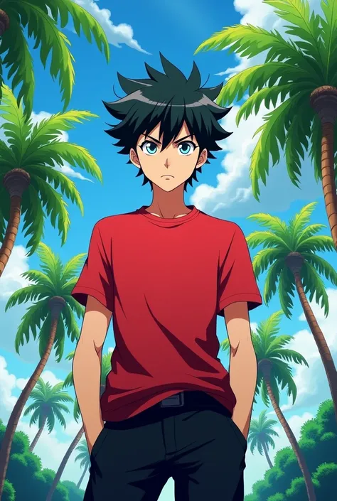 Anime Teen 17s Black Hair Black Pants Red T-shirt Spoiled Coconut Tree