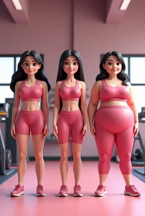 Create a 3D digital illustration of three women in a gym, each with fair skin and Western features. One woman should have a slim body, one should have an athletic build, and one should have a plus-size body with clear body fat. They are all wearing sporty ...