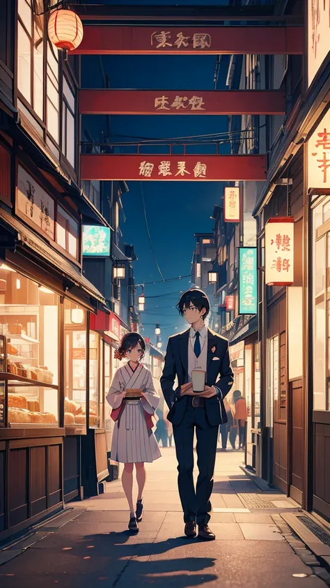 A bustling cafe street in Ginza during the Taisho era, where Western-style cafes and bakeries stand alongside traditional Japanese shops. Young intellectuals in Western suits gather outside, engaging in animated discussions. A stylish cafe interior is visi...