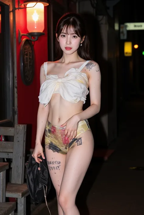 NSFW,
realistic, Press photo, Documentary Technique,
hasselblad, 85mm f1.4 zeiss lens, HDR,
(full body visible:1.5), 
In this photo she is seen from head to toe,
the ground she is standing on is wet,
facing the camera, looking at the camera,
young korean g...