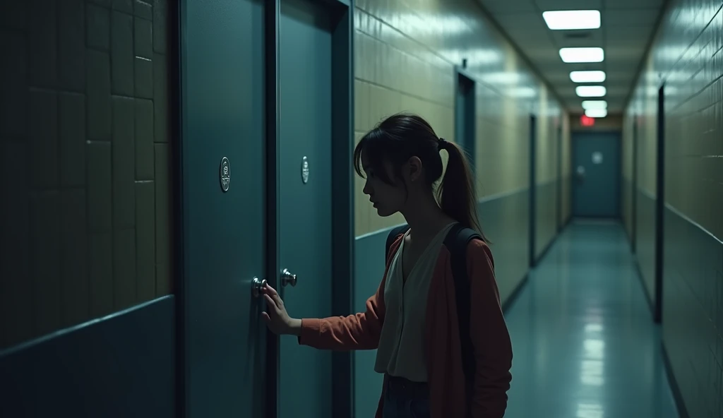 Walking down the corridor, the second student reaches the closed washroom door. Hearing faint sounds, she knocks gently, then more firmly. Her growing confusion mirrors her increasing worry.  
