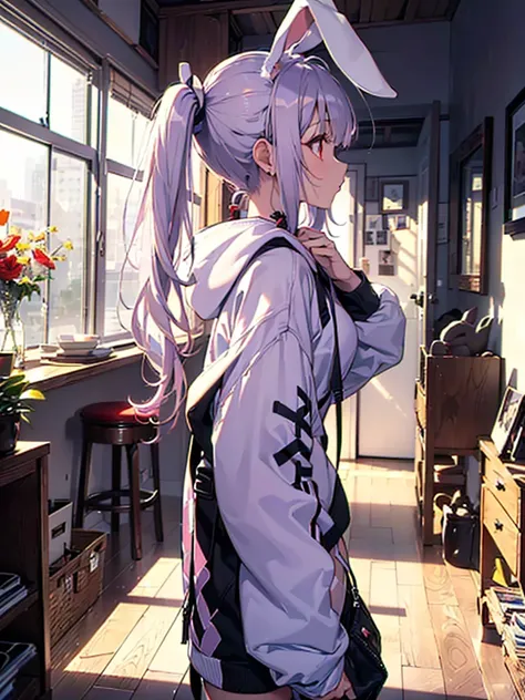  realistic, top quality,  ultra detail,  LONG PONYTAILS ,  THE MOST DELICATE AND BEAUTIFUL , Floating softly,  high definition , ( 1 girl ), ( Max Image,4K,8k,masterpiece:1.2), ( light purple hair:1.5),(Rabbit ears:1.5),(pretty long pigtails:1.5),( red eye...