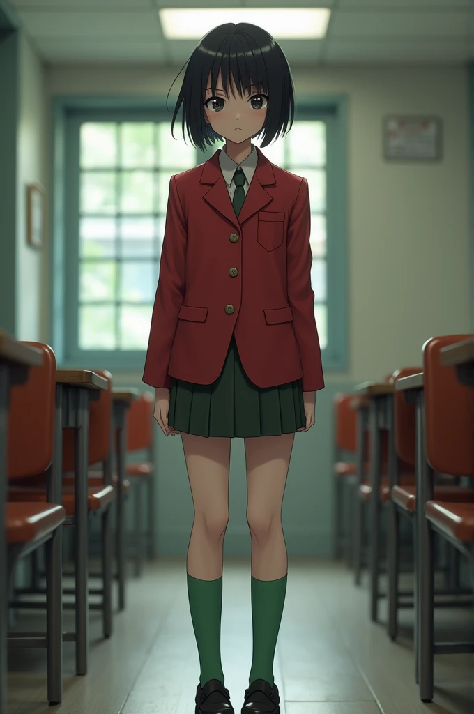  schoolgirl, Japanese,  uniform red ,  stockings green ,  short black hair, brown shoes, big eyes , small nose,  small mouth, thin lips, long leg , slim figure,  size 160cm , however man