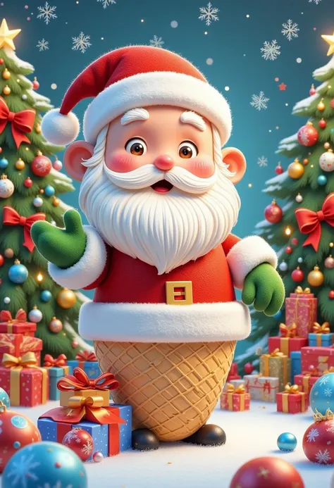 a christmas santa claus sitting on an ice cream cone, surrounded by pine cones, christmas wreaths, green gloves, colorful gift wrapping paper, red and blue christmas ornaments, with snowflakes falling around the scene, whimsical and fantastical christmas t...