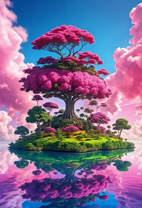  Create an image of a floating island  ,  the island has non-terrestrial inhabitants , is it a parallel world  , A fantasy world , full of colors , pink clouds, árboles que no existen en la tierra , animales nunca antes vistos , full of colors , strong col...