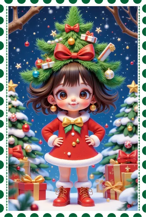 A realistic detailed portrait of a Christmas tree, in the art style of WLOP, a cute and charming elegant Christmas-themed character with hands on hips, high quality, highly detailed tree bark texture, Christmas-themed accessories, boots, festive atmosphere...