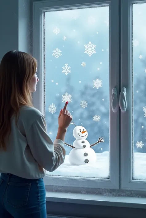  best quality, photo realistic, 1woman, Window,  write with your finger on the cloudy windowsnow man,  indoor