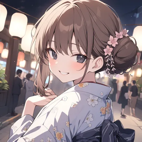  1 girl, An aesthetic nightmare　Brown Hair,  bun hair,  smiles,  black eyes、 scrunchies　yukata　Floral　