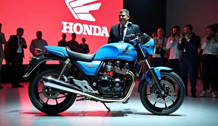 "A stylish new Honda Hawk 1100 motorcycle showcased at an event. The bike is painted in vibrant blue with retro design elements, a powerful engine, chrome-finished dual exhausts, and vintage-inspired graphics. The motorcycle is displayed on a showroom floo...