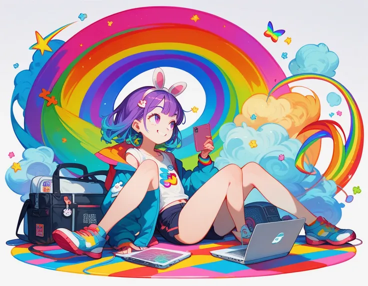 1 girl, colorful , kawaii , rainbow , Japan animation , smile , High quality ,looking away from the camera, full body,　laptop,　headphone