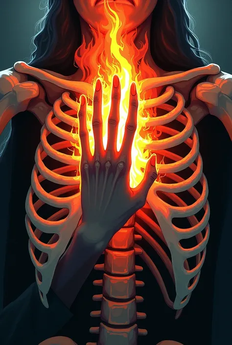  A hand that sets fire inside a human skeleton.  Close up on the ribs . Graphic style: Arcane .