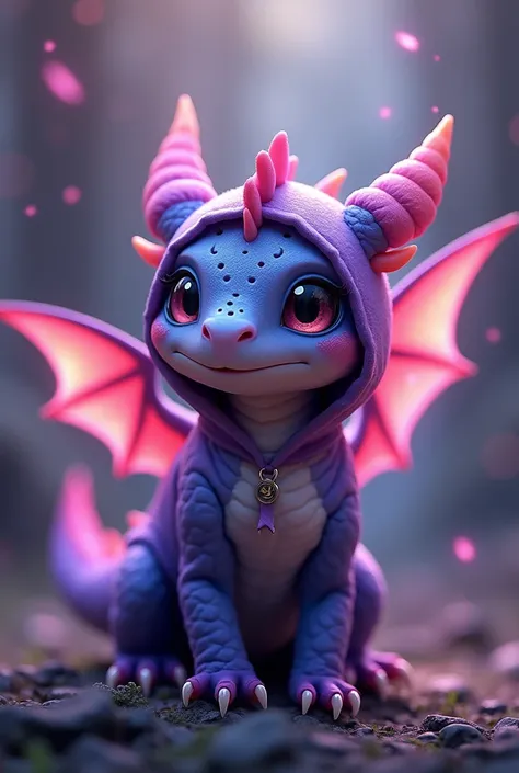 A miniature dragon ,  with purple and gray scales .  He wears a small hoodie and has luminous wings that shine when excited .  This dragon could be both adorable and impressive , By adding a magic element you are always ready for the next adventure in the ...