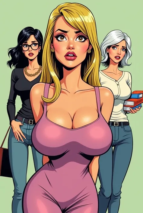  cartoon comic book design from the 70s of a sexy woman with giant breasts, her breasts should stick out of the dress  ,  behind her there are two women with worried and scared faces , one of them is white with glasses ,  wavy black hair and wears black an...