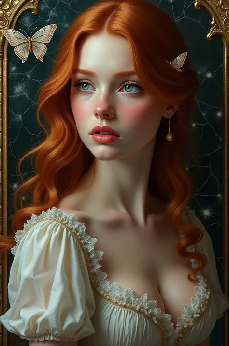 chiaroscuro, best quality, photorealistic, 1woman, (cute), (24yo:1.2), redhead, long ginger hair highly detailed, 1700S, digital photography, art by artgerm and ruan jia and greg rutkowski surreal painting gold butterfly filigree, broken glass, (masterpiec...