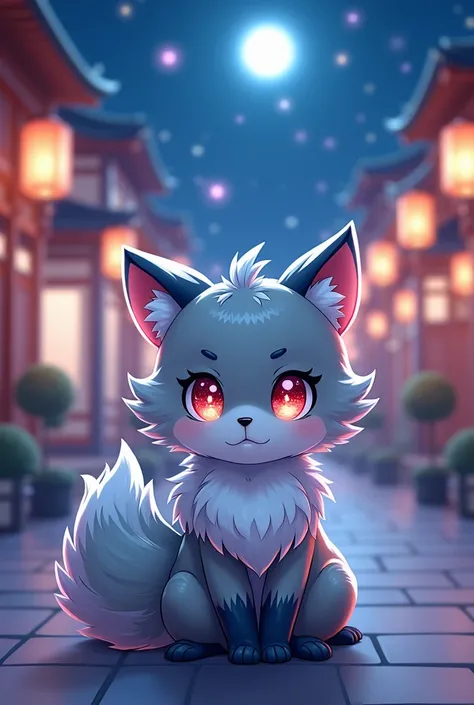 Create me an anime-style picture of a little fluffy kitsune with 9 tails her eyes look like a galaxy and she has gray fur with white legs and chest fur and her tail tips are also galaxy colored the background should be in a beautiful Japanese city at night...