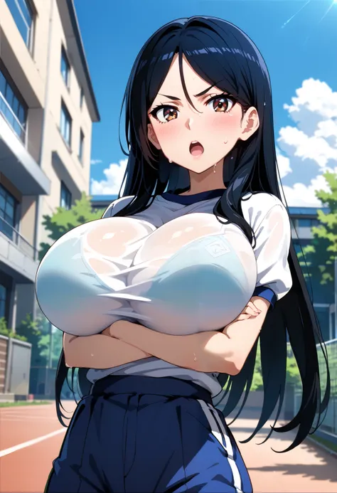 score_9, score_8_up, score_7_up, source_anime, ( anime screencap:0.5), 1girl, Alone, outdoors, school,fukiyosepony, long hair, black hair, brown eyes, hair between eyes, parted bangs, large breasts,(huge breasts),(round breasts),nalow waist,slender,curvin,...