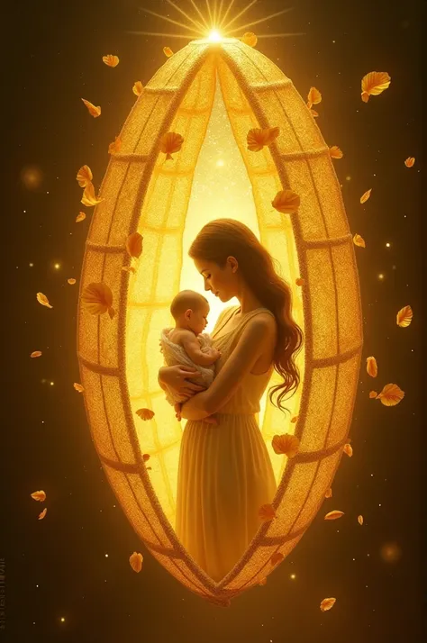 As a golden chrysalis  , of light ,  with a dark gold background with golden petals  ,  that houses a woman and a baby in her arms 