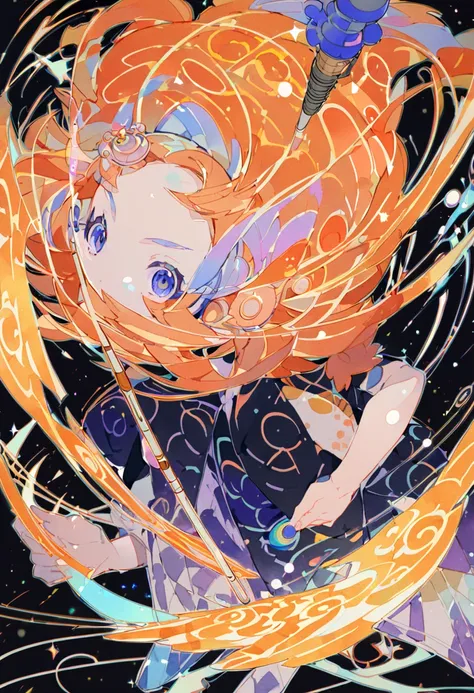 Watercolor colorful,crunchyroll hime,gurl,age 15,solo,orange spicky hair with white linning,high long ponytail,drawing magic circles with wand,white and orange hair,black background,hime