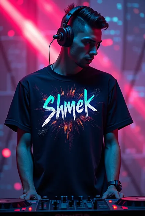 I’m a dj, and my dj name is SHMEK. Create a shirt with my brand, use my name SHMEK, and try a different design