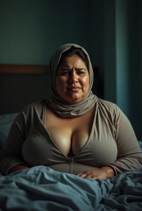 Best quality, masterpiece, very high resolution, (photorealistic:1.4), raw photo, A Voluptuous 45 Years old Matured Indian Aunty, wearing a hijab, large cleavage exposed, Crying and sitting on bed, eyes and face detail, dynamic lighting, low key, cowgirl p...