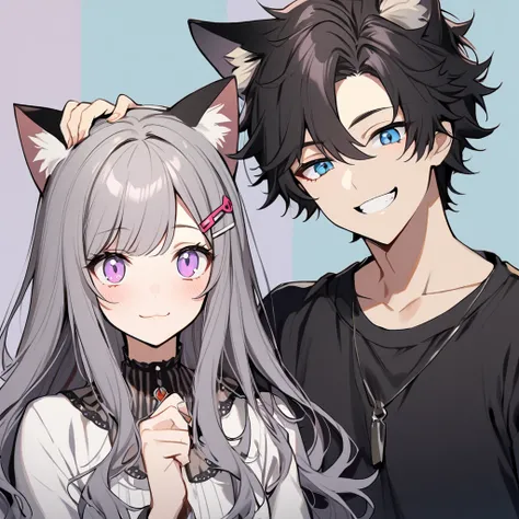  1 girl,  long hair, Gray Hair, Perm、Cat ears, 、Light Purple Eyes Smiling , hairpin,  1 Boy Shortcut,  black hair,  blue eyes, Cat ears, 