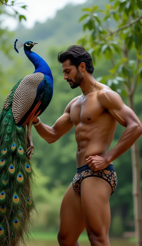 A very handsome India men dancing with a very beautiful peacock ,men wearing peacock feathers print brief clear eye detail face 