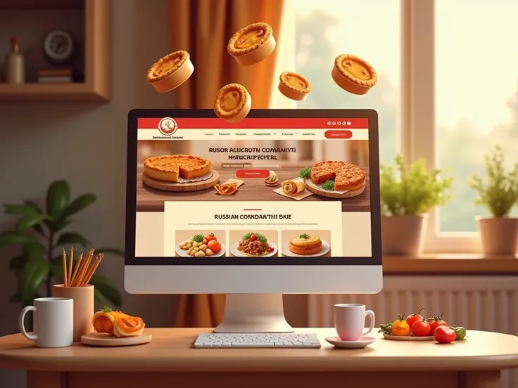 3d photo of the website of the delivery service of home Russian food from Russian grandmother “Babushkas Kitchen Express”. Looking frontally at the computer screen with the site. The site is in warm colors with a selection of menus, food for delivery. Pies...